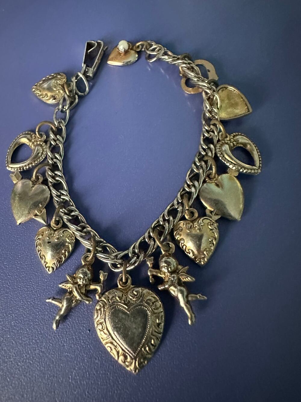 VINTAGE HEART & CHERUB CHARM BRACELET 6"